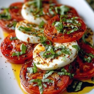 Homemade Caprese salad recipe topped with chopped basil, olive oil, and balsamic glaze.