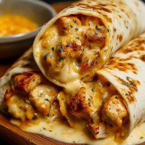 Two cheesy garlic chicken wraps stacked on a wooden board, filled with golden chicken chunks and melted cheese.