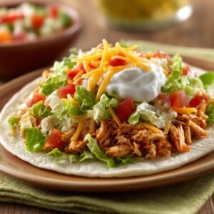 A close-up chicken taco wrap on a plate, topped with shredded cheddar cheese, lettuce, diced tomatoes, and a dollop of sour cream on a flour tortilla.