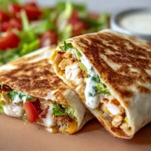 A grilled and folded Chicken Crunch Wrap cut in half, showing juicy chicken, melted cheese, lettuce, tomatoes, and creamy sauce inside a toasted tortilla wrap.
