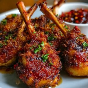 A plate of crispy, golden chicken lollipops garnished with fresh herbs and served with dipping sauce on the side.