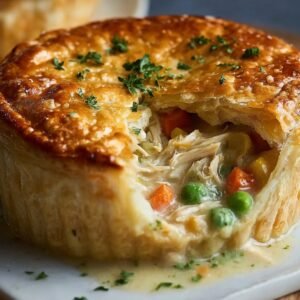 A baked chicken pot pie recipe with a golden, flaky crust. The top is sprinkled with parsley, and a portion has been cut away, showing the creamy filling with chicken, peas, and carrots inside.