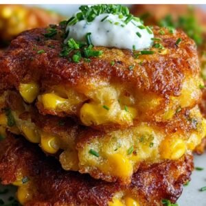 A stack of crispy golden Corn Fritters Recipe topped with sour cream and fresh chives, garnished with extra chopped herbs.