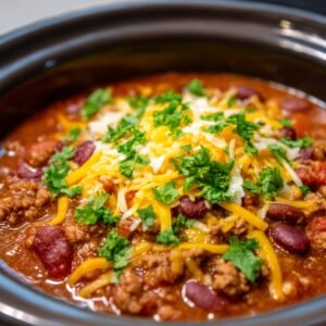 A crockpot Chili filled with a hearty chili made of ground beef, kidney beans, diced tomatoes, and topped with shredded cheddar cheese and chopped cilantro as garnish.