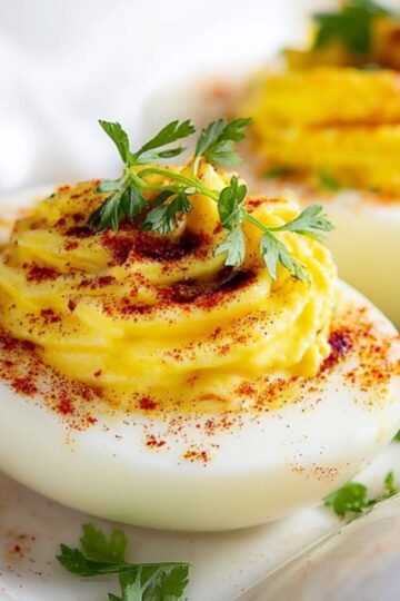 Close-up of deviled eggs recipe best topped with paprika and parsley garnish, arranged on a plate.