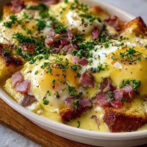Finished eggs benedict casserole with baked eggs, diced ham, melted cheese, and fresh parsley served in a white dish.