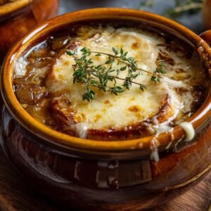 Bowl of homemade French onion soup Recipe topped with toasted bread and melted cheese, garnished with fresh thyme sprig.