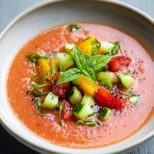 "Chilled gazpacho recipe soup topped with colorful diced vegetables, fresh basil leaves, and a drizzle of olive oil."