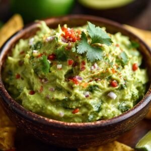 A wooden bowl of guacamole Recipe garnished with cilantro, diced red onion, and chili flakes, served with tortilla chips on the side.
