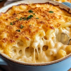 A close-up of baked Mac and Cheese Recipe with a crispy golden breadcrumb topping, gooey melted cheese, and garnished with parsley.