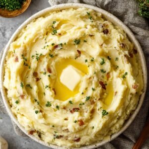 A bowl of mashed potatoes recipe with melted butter in the center and a sprinkle of herbs, possibly with bacon bits.