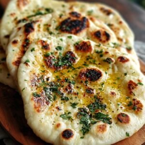 Freshly cooked garlic naan brushed with melted butter and sprinkled with chopped herbs, golden spots visible on the bread.