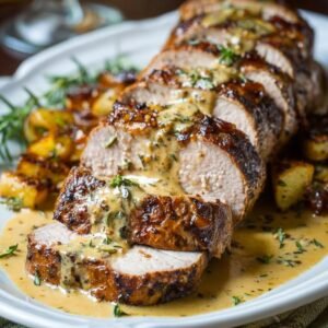 Sliced roasted pork tenderloin recipe drizzled with a creamy herb sauce, served alongside roasted potatoes and garnished with fresh herbs.