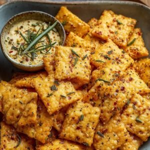 A serving dish of baked seasoned cheese Ranch Crackers Recipe garnished with rosemary, served with a bowl of creamy dipping sauce sprinkled with herbs and red pepper flakes.