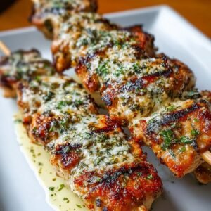 Finished grilled chicken skewers served on a white plate, topped with melted parmesan cheese, chopped parsley, and creamy ranch garlic sauce.