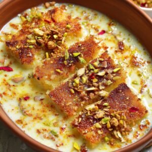 A serving of Shahi Tukda recipe in a clay bowl - fried bread slices soaked in thickened milk, garnished with nuts and saffron strands.