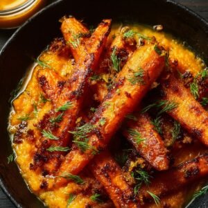 Bowl of smashed carrots roasted to golden crispness, garnished with fresh dill and served over a carrot purée with seasoning.