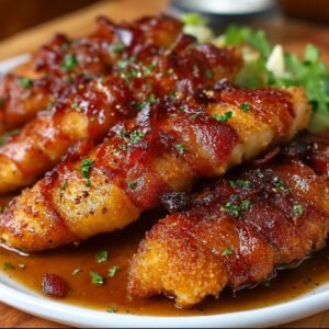 Plated bacon-wrapped chicken tenders glazed with brown sugar sauce, garnished with parsley, and served with a fresh green side salad.