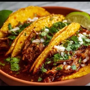"Three birria tacos served in a terracotta dish, filled with juicy shredded beef, chopped onions, and cilantro. Lime wedges on the side, and birria consommé at the bottom of the tacos."