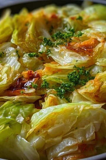 Cabbage recipe cooked to a tender golden brown in a pan, garnished with fresh parsley.