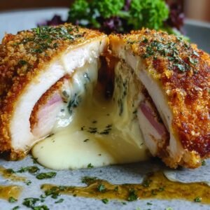 Crispy golden chicken cordon bleu cut open to reveal melted cheese and ham filling oozing out.