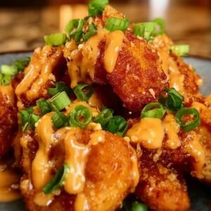 "Finished crispy bang bang chicken bites drizzled with creamy spicy sauce and topped with chopped green onions, served on a plate."