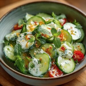 Fresh cucumber salad served in a bowl, with sliced cucumbers, cherry tomatoes, creamy dressing, fresh mint leaves, and sprinkled seasoning.