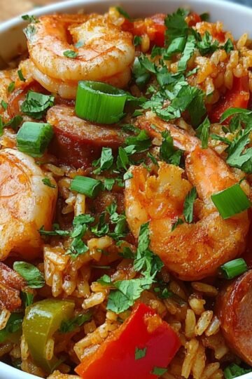 A hearty bowl of jambalaya reciepe with shrimp, sausage, and colorful vegetables, topped with fresh green onions and parsley for added flavor and garnish.