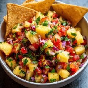 A bowl of vibrant pineapple salsa recipe with diced pineapple, onion, tomato, cilantro, and jalapeño, served with tortilla chips on the side.