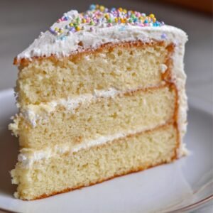 A slice of homemade vanilla layer cake recipe with fluffy white frosting and colorful rainbow sprinkles on top, served on a white plate. The cake has three moist layers with a light and airy texture, perfect for birthdays or celebrations.