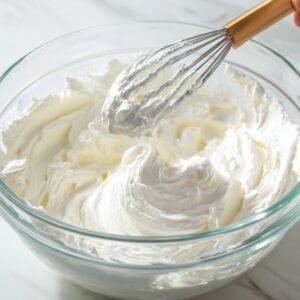 A glass mixing bowl filled with fluffy whipped cream, with a whisk resting on the side.
