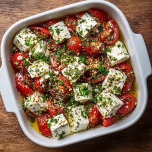 Cubed feta cheese and roasted cherry tomatoes in a white baking dish, topped with chopped herbs and olive oil.