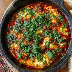 Baked feta eggs in a cast iron skillet topped with chopped parsley, surrounded by rich red oil and spices, served with crusty bread on the side.