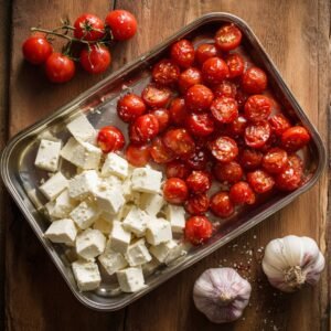 Uncooked feta cubes and halved cherry tomatoes on a metal baking tray, seasoned with salt and ready for baking. Fresh garlic and vine tomatoes are placed beside the tray.