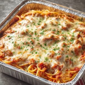 "A close-up of baked spaghetti with meatballs, topped with melted cheese and parsley, in a foil tray."