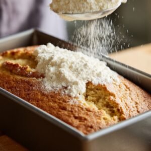 A loaf of banana bread in a baking tin being dusted generously with powdered sugar from a spoon above.