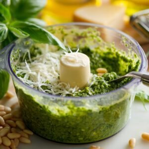 A food processor containing freshly blended basil pesto with grated cheese and pine nuts on top, surrounded by ingredients like basil and pine nuts.