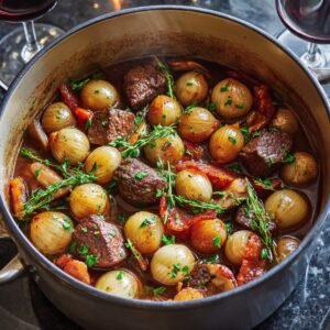 A large pot containing beef chunks, pearl onions, carrots, and herbs, all simmering in a rich brown sauce, with a glass of red wine beside it.