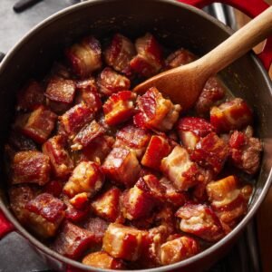 A pot filled with crispy, golden-brown cubes of pork belly being stirred with a wooden spoon.