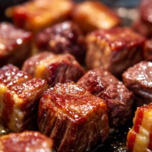 Close-up of seared beef chunks, showing crispy and browned exterior.