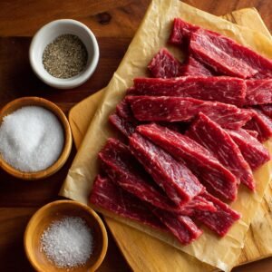 "Raw beef strips arranged on a cutting board with bowls of salt, pepper, and sugar beside them."