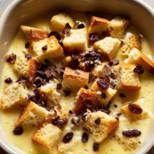 Cubes of bread soaking in custard, topped with raisins and chocolate chunks before baking.