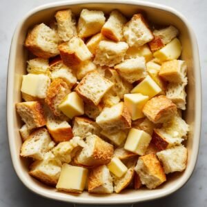 Buttered bread cubes layered in a baking dish, ready for custard.