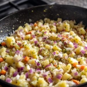 A skillet with diced potatoes, carrots, red onions, and herbs cooking together, creating a colorful and flavorful vegetable medley.