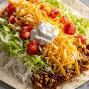 Open burrito with rice, ground beef, lettuce, cheese, tomatoes, and a dollop of sour cream on a tortilla, ready to be wrapped.