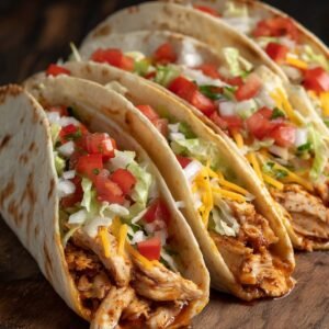 Close-up of three chicken burritos filled with shredded lettuce, diced tomatoes, cheese, and seasoned chicken in soft tortillas.