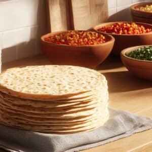 Stack of fresh flour tortillas on a cloth with bowls of colorful burrito fillings like salsa, beans, and vegetables in the background.