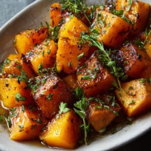 "Close-up of caramelized roasted butternut squash cubes topped with fresh thyme and parsley."