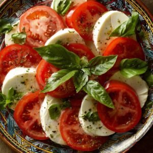 Traditional Caprese salad with sliced tomatoes, mozzarella, and fresh basil leaves on a decorative plate.