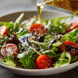 Fresh green salad with cherry tomatoes drizzled with olive oil and balsamic glaze.